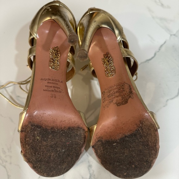 Aquazzura Beverly Hills Gold Lace Up Sandal Heel 38 8 - Picture 3 of 9